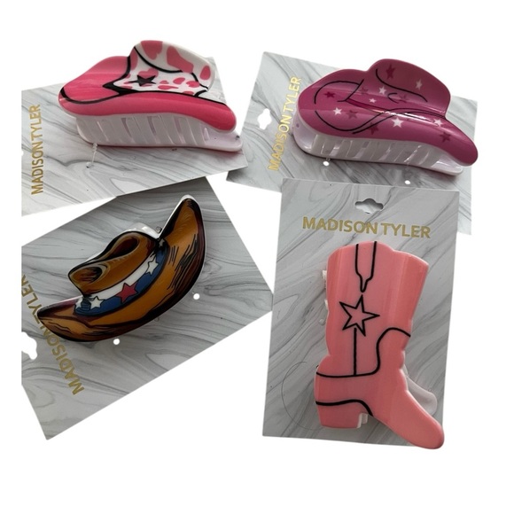Madison Tyler Accessories - Western Cowboy Boots And Hats Claw Hair Clips Set of 4 Colors Pink Black Brown